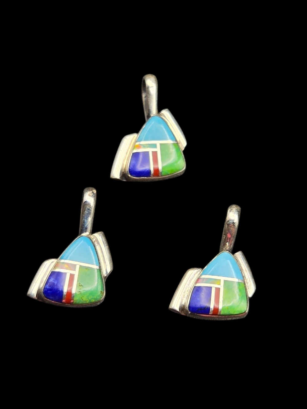 Sterling Silver Multicolor Inlay Triangle Earrings - Blue Green Red